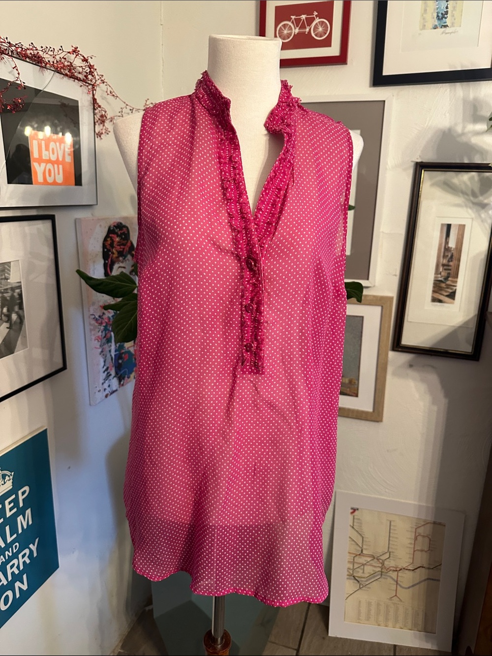 Worth Sleeveless Silk Pink Polka Dot Ruffle V-Neck Blouse 6